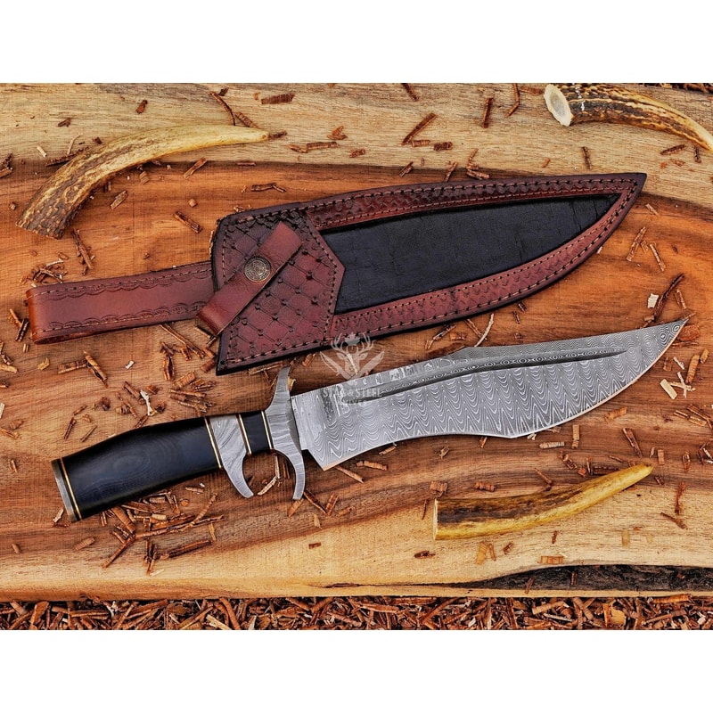 Premium Damascus Bowie Knife With Micarta Handle Leather Sheath 0