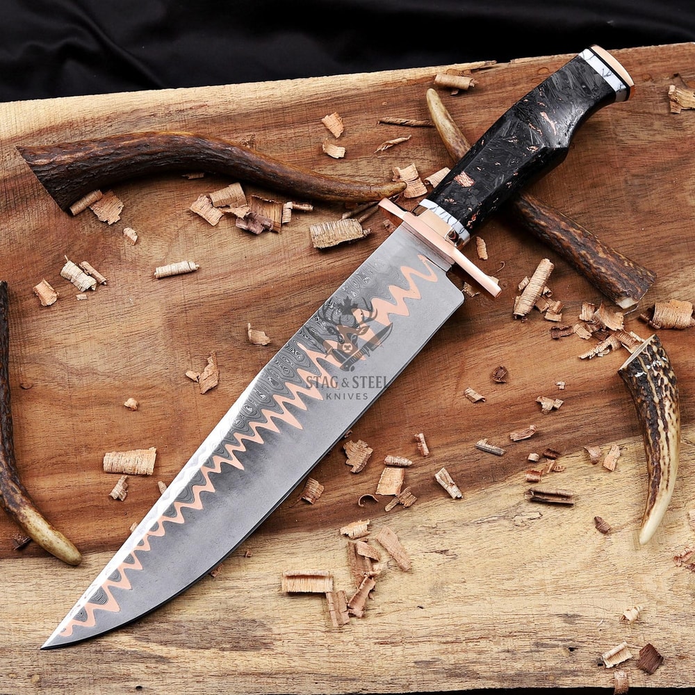 Copper Damascus Bowie Knife 11 Blade With Carbon Fiber Handle Copper Guard Hunting Knife Wedding 1