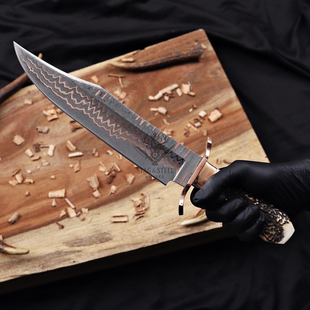 Copper Damascus Bowie Knife Full Tang With Stag Handle Handmade Hunting Knife Wedding GIFT 3