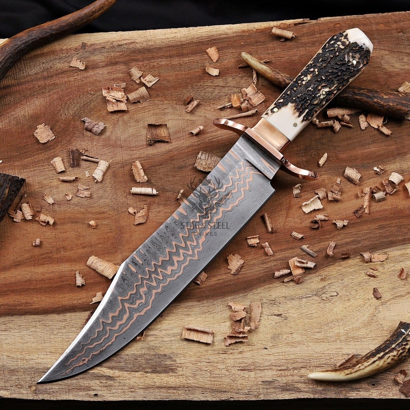 Copper Damascus Bowie Knife Full Tang With Stag Handle Handmade Hunting Knife Wedding GIFT 4