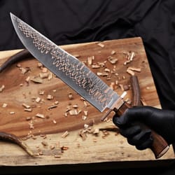 copper damascus steel bowie knife full tang with genuine stag handle & leather sheath