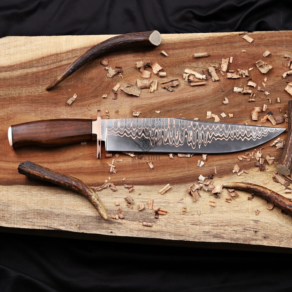 Copper Damascus Steel Bowie Knife Full Tang With Genuine Stag Handle Leather Sheath 3
