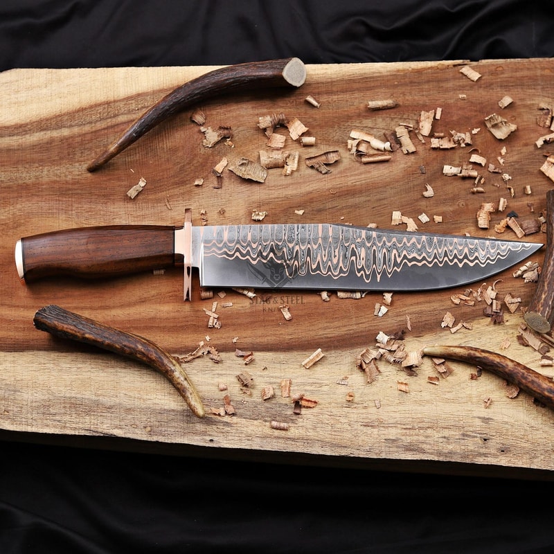 Copper Damascus Steel Bowie Knife Full Tang With Genuine Stag Handle Leather Sheath 3