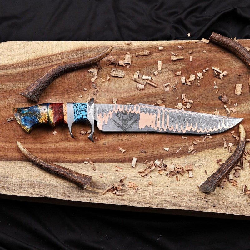 Luxury Copper Damascus Bowie Knife With Turquoise Resin Handle Handmade Collector Blade 4