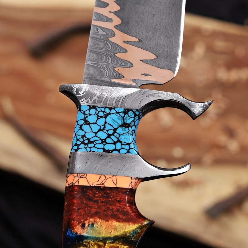 Luxury Copper Damascus Bowie Knife With Turquoise Resin Handle Handmade Collector Blade 5