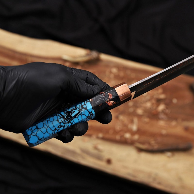 Premium Luxury Copper Damascus Bowie Knife With Turquoise Resin Handle Leather Sheath 2