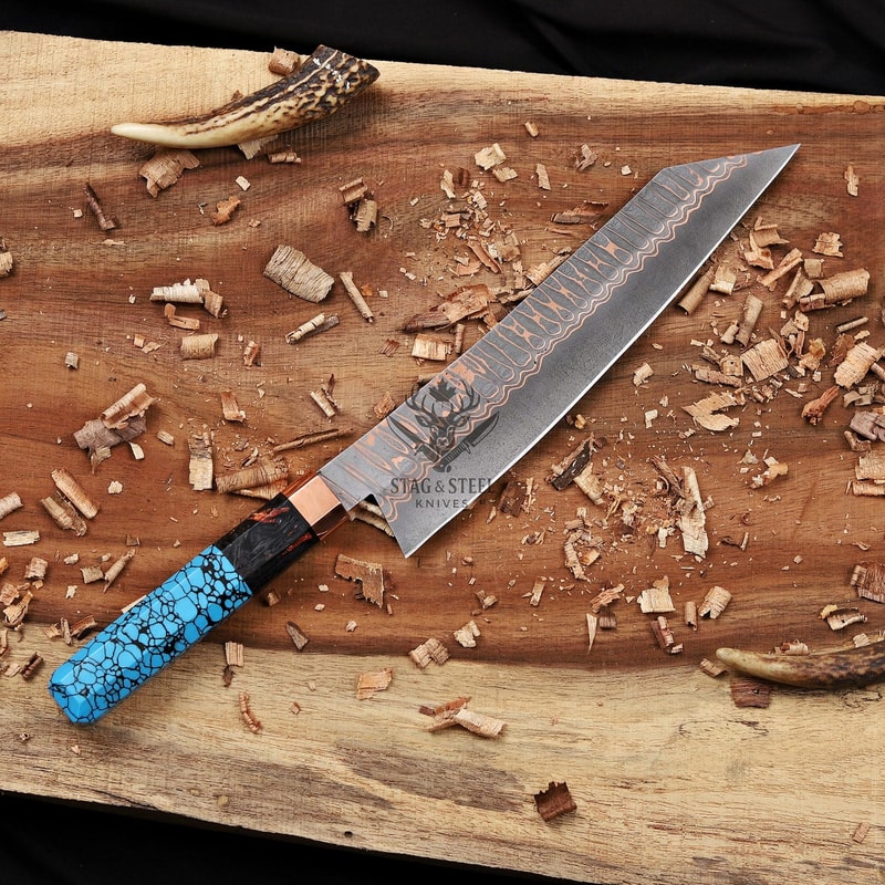 Premium Luxury Copper Damascus Bowie Knife With Turquoise Resin Handle Leather Sheath 3