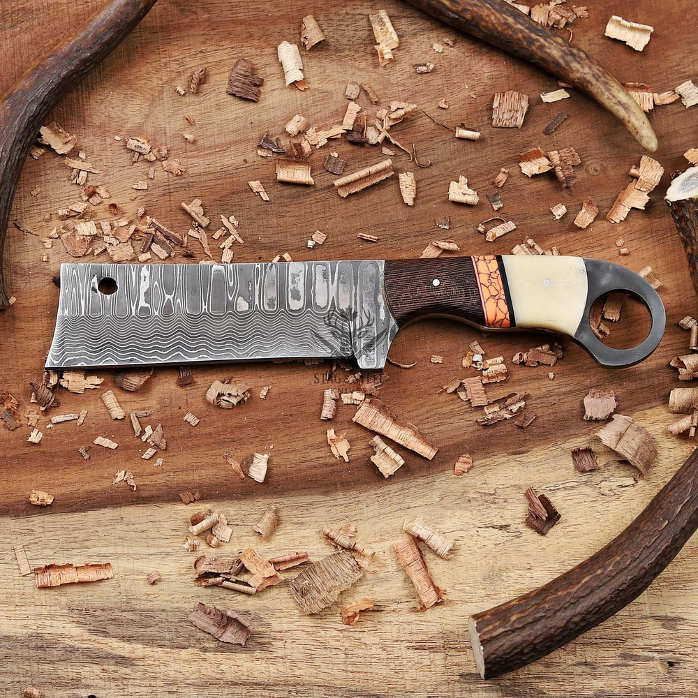 Handmade Damascus Cowboy Bull Cutter Knife With 4 Blade Pancake Leather Sheath 7