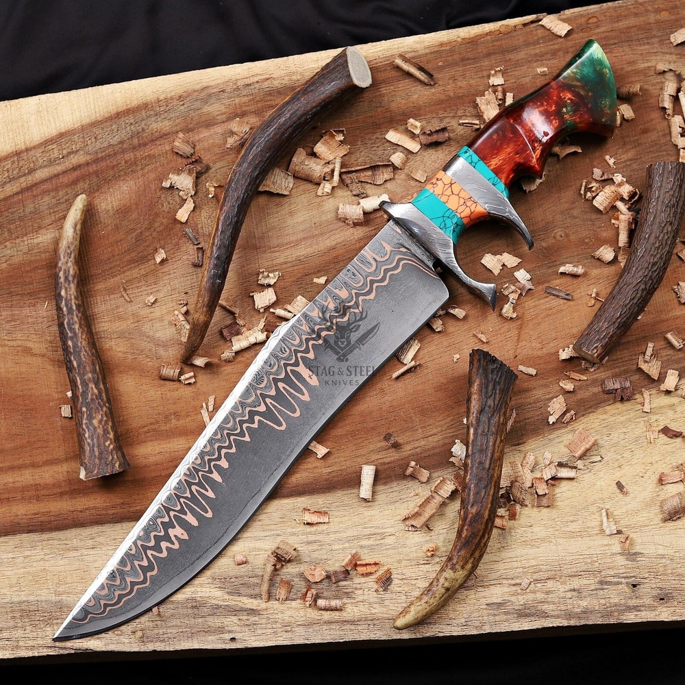 Premium Damascus Steel Bowie Knife Double Guard With Turquoise Resin Grip 0