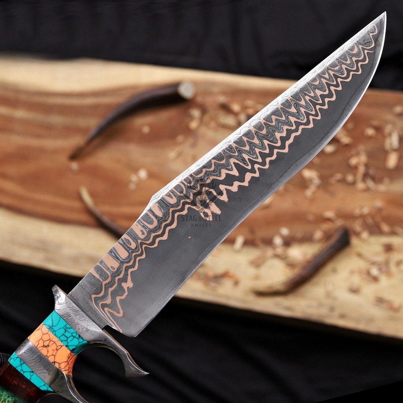 Premium Damascus Steel Bowie Knife Double Guard With Turquoise Resin Grip 3