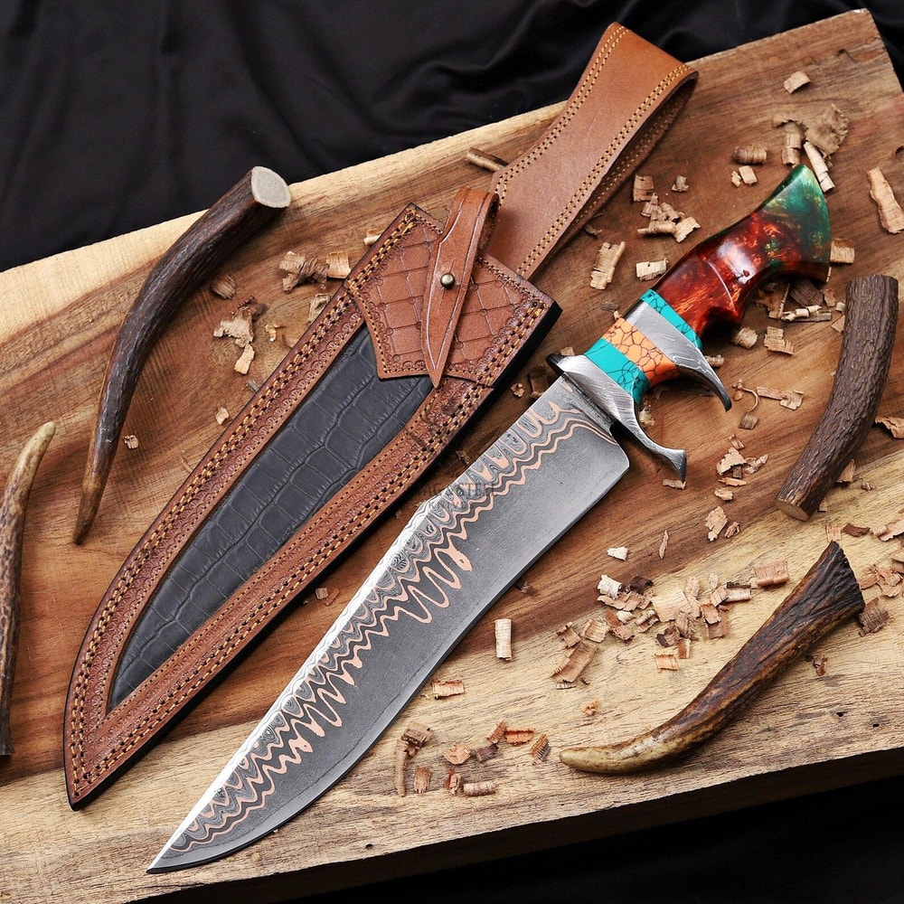 Premium Damascus Steel Bowie Knife Double Guard With Turquoise Resin Grip 1