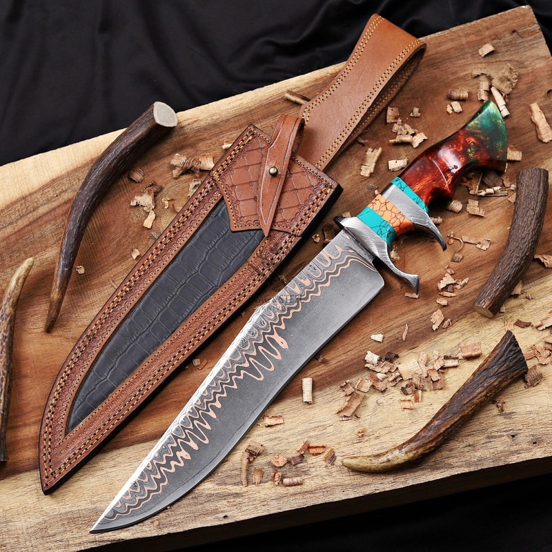 Premium Damascus Steel Bowie Knife Double Guard With Turquoise Resin Grip 1