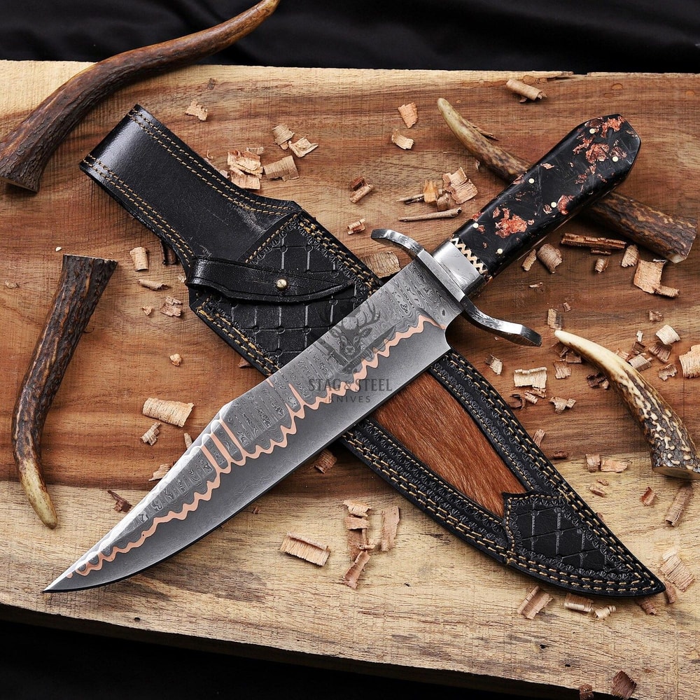 Premium Damascus Steel Bowie Knife Double Guard With Turquoise Resin Grip Wedding GIFT 0