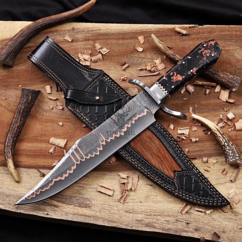 Premium Damascus Steel Bowie Knife Double Guard With Turquoise Resin Grip Wedding GIFT 0
