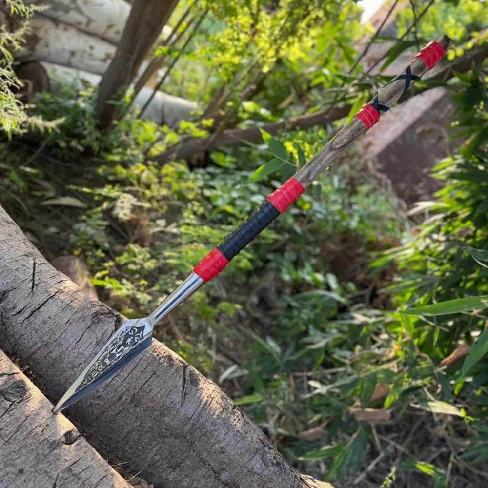 Handmade Ash Wood Spear 36 Inch With Engraved Steel Tip Leather Wrap 3