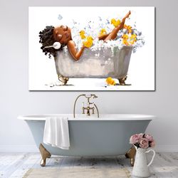 bathroom art print african woman in bath large wall art black woman art yellow rubber duck print bathroom wall art