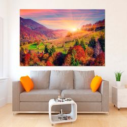 mountain sunrise print autumn landscape wall art colorful trees art mountain landscape autumn fall art living room decor