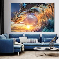 Ocean Wave wall art canvas Colorful Seascape Sunset canvas print Surf wall decor Ocean Wave print Large wall art Living