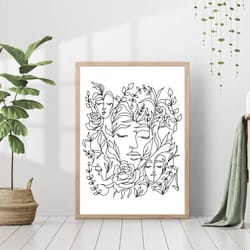 flower woman one line art poster abstract female face print neutral botanical minimalistic boho living room wall art dec