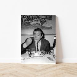 James Bond Eating Pasta Print Black & White Vintage Retro Photography Restaurant Kitchen Diner Wall Art Decor Canvas Fra