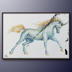 huge 60x40 unicorn painting oil painting , mesmerizing looks, original hand made , certificate attached , by koby feldmo