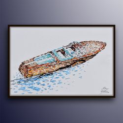 motorboat speedboat 60 luxurious art for home office can be as gift thick texture, oil painting, boat, by koby feldmos