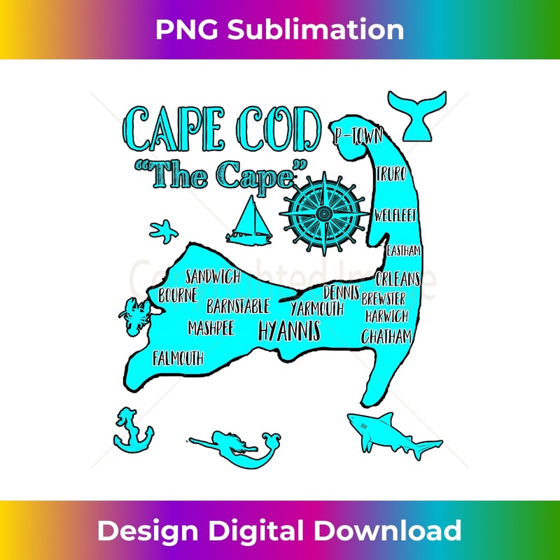 Simple Cape Cod Icon Map of Cape Cod Aqua Blue Nautical Symbols Fish Mermaid Long | Inspire ...