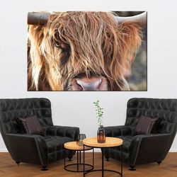 Hairy Scottish Cow canvas print Highland Cow head Large wall art Animal portrait Highland Cow print Rustic home decor Co