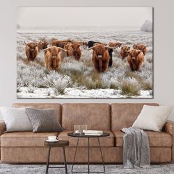 Highland Cow print art Scottish Cow wall art Multi panel canvas Highland cow herd in the snow Winter Farmhouse decor