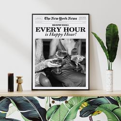 Trendy Newspaper Happy Hour Poster Black and White Vintage Retro Photo Fashion Party Wine Bar Preppy Wall Art Decor Canv