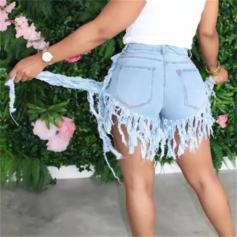 Summer High Waist Skinny Denim Shorts Tassel Zipper Fly Jeans for Street Night Club Style