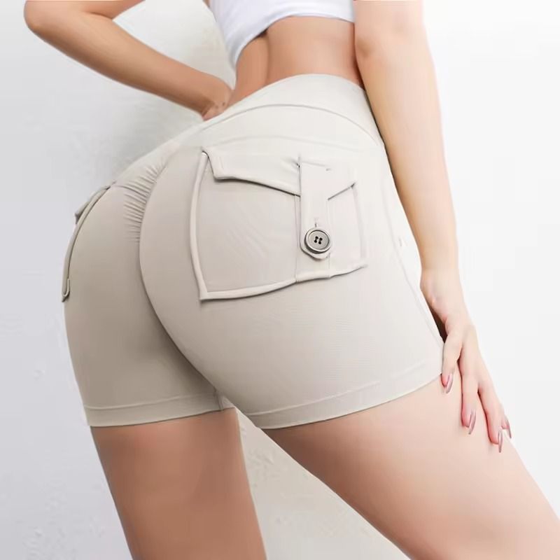 Nude High Waist Yoga Shorts with Pockets Butt Sport Leggings for Gym Training Outdoor Sports