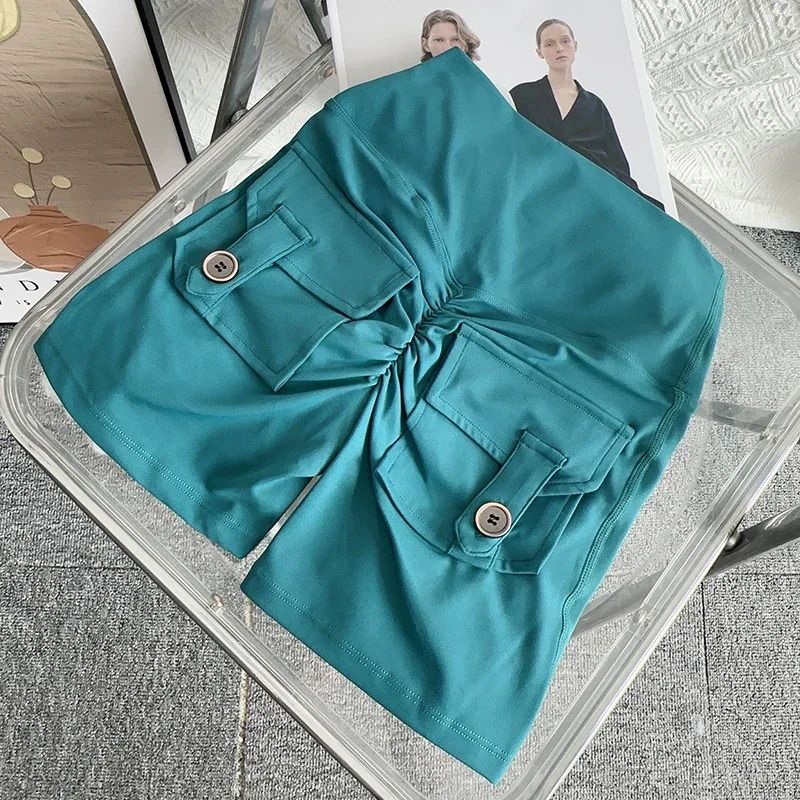 Nude High Waist Yoga Shorts with Pockets Butt Sport Leggings for Gym Training Outdoor Sports