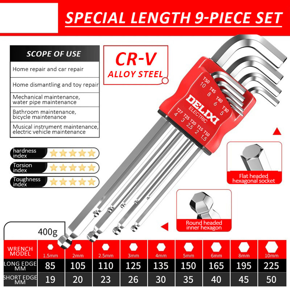 DELIXI ELECTRIC Allen Key Set, Universal Torque Long Metric Hex Wrench Screwdriver for Motorcycles & Bicycles