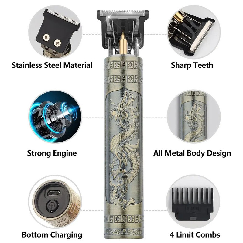 Professional T9 Hair Clipper Vintage Rechargeable Trimmer Shaver For Men Dragon Buddha Design 6