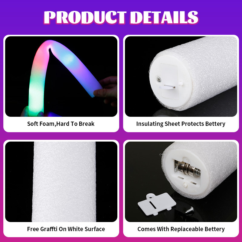 Bulk Colorful RGB LED Glow Sticks, Foam Cheer Tubes for Parties, Weddings & Dark Light Events
