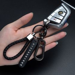 trendy diy mobile phone number plate pendant keychain, punk leather rope anti-lost keychain for men