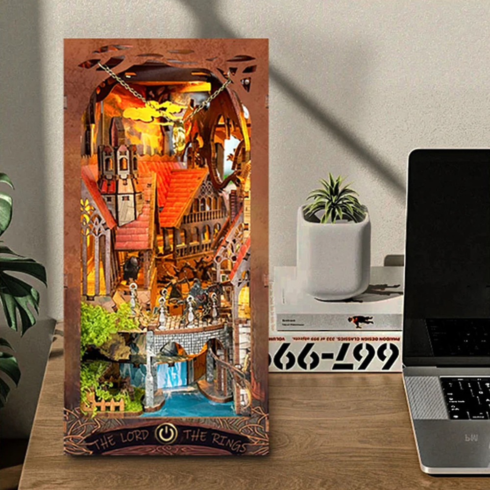 Magic Ring DIY Book Nook Retro Wooden Shelf Insert Miniature Kit Handmade Home Decoration Gift fo