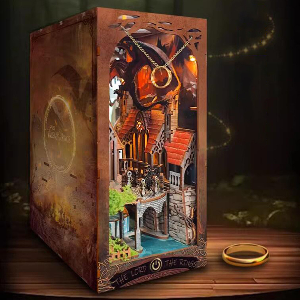 Magic Ring DIY Book Nook Retro Wooden Shelf Insert Miniature Kit Handmade Home Decoration Gift fo