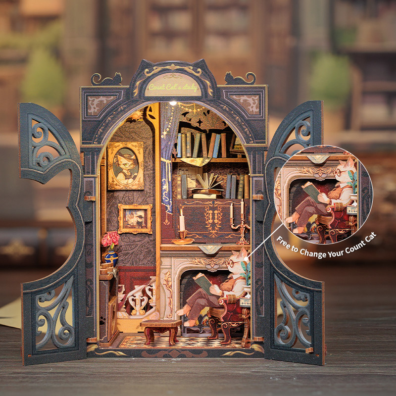 Wooden DIY Book Nook Kit Miniature Dollhouse with Lights 3D Puzzle Bookshelf Insert Decor Cats