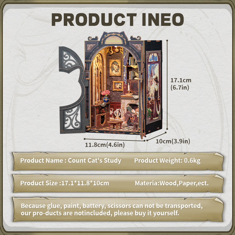 Wooden DIY Book Nook Kit Miniature Dollhouse with Lights 3D Puzzle Bookshelf Insert Decor Cats