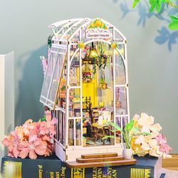wooden garden house diy book nook, 3d puzzle flower dollhouse bookshelf insert with led lights