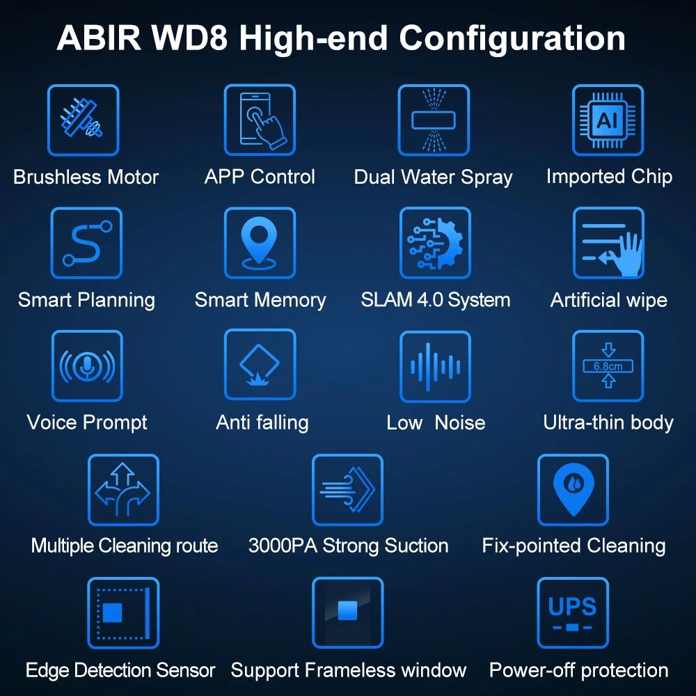 Robot Window Cleaner ABIR WD8 With Dual Water Spray High Vacuum Suction Smart Memory  Laser Sensor