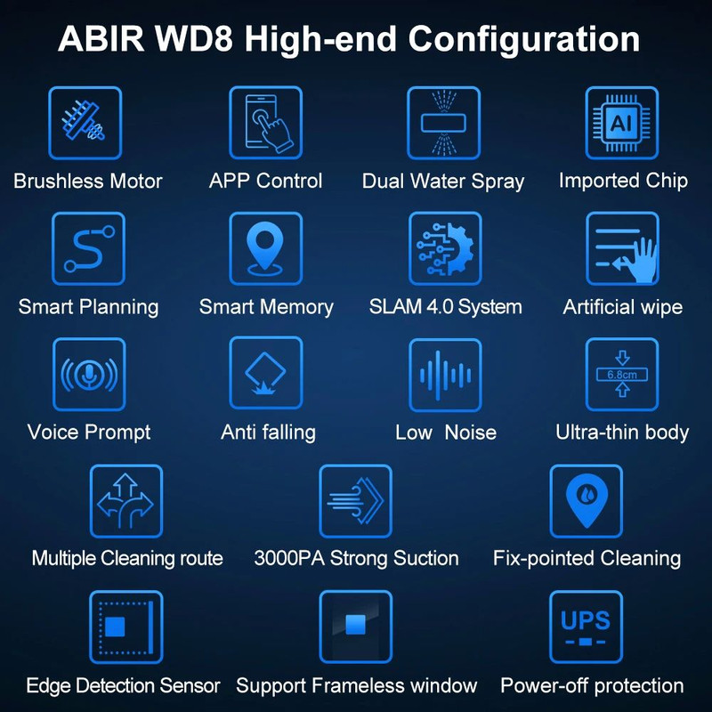 Robot Window Cleaner ABIR WD8 With Dual Water Spray High Vacuum Suction Smart Memory  Laser Sensor