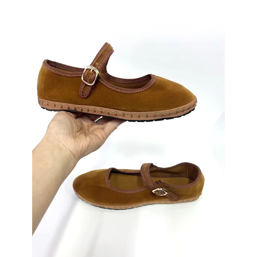 Women Velvet Mary Jane Shoes Hand Stitch Solid Red Flats Casual Streetwear Cloth Ballet Pumps Loafe 1