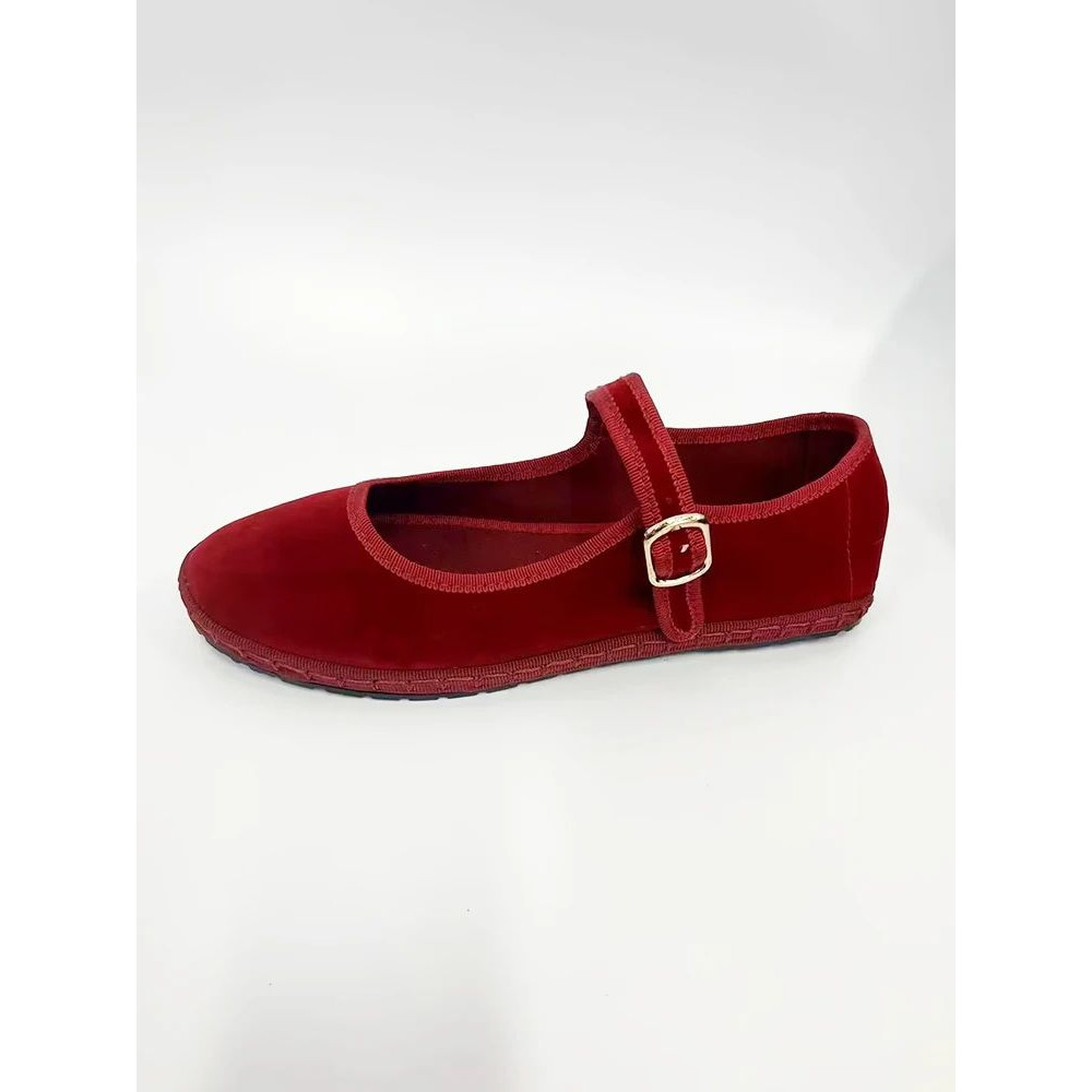 Women Velvet Mary Jane Shoes Hand Stitch Solid Red Flats Casual Streetwear Cloth Ballet Pumps Loafe 2