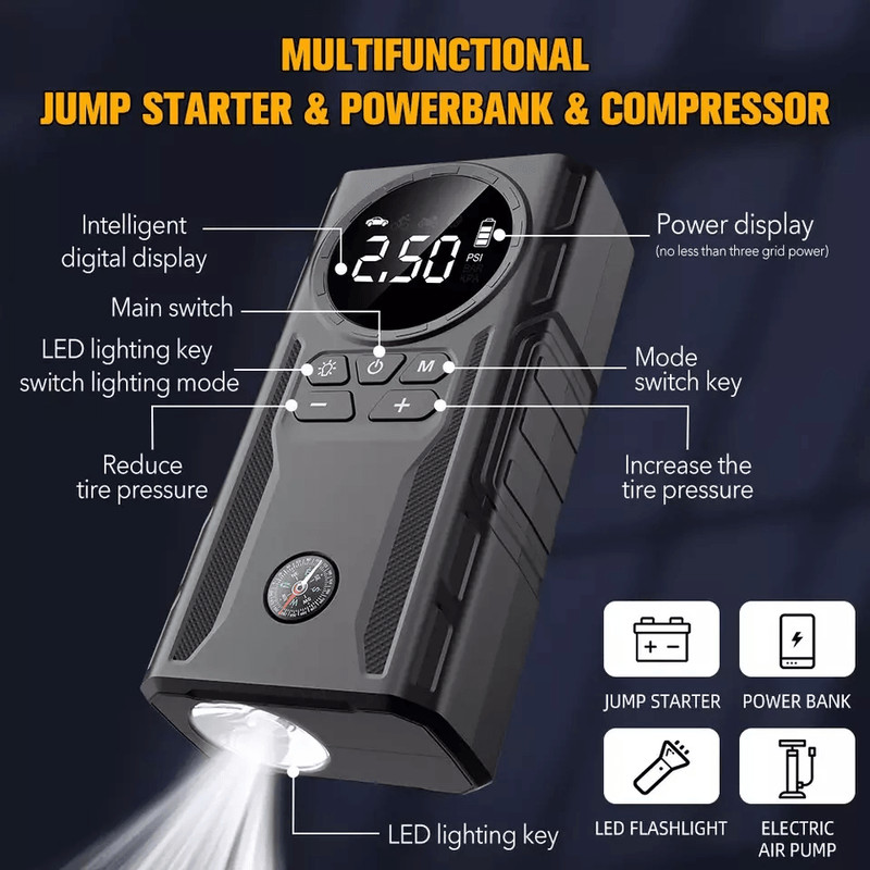 MultiFunction Car Jump Starter Booster Jumper Box Power Bank Battery Charger Air Pump For Vehicle
