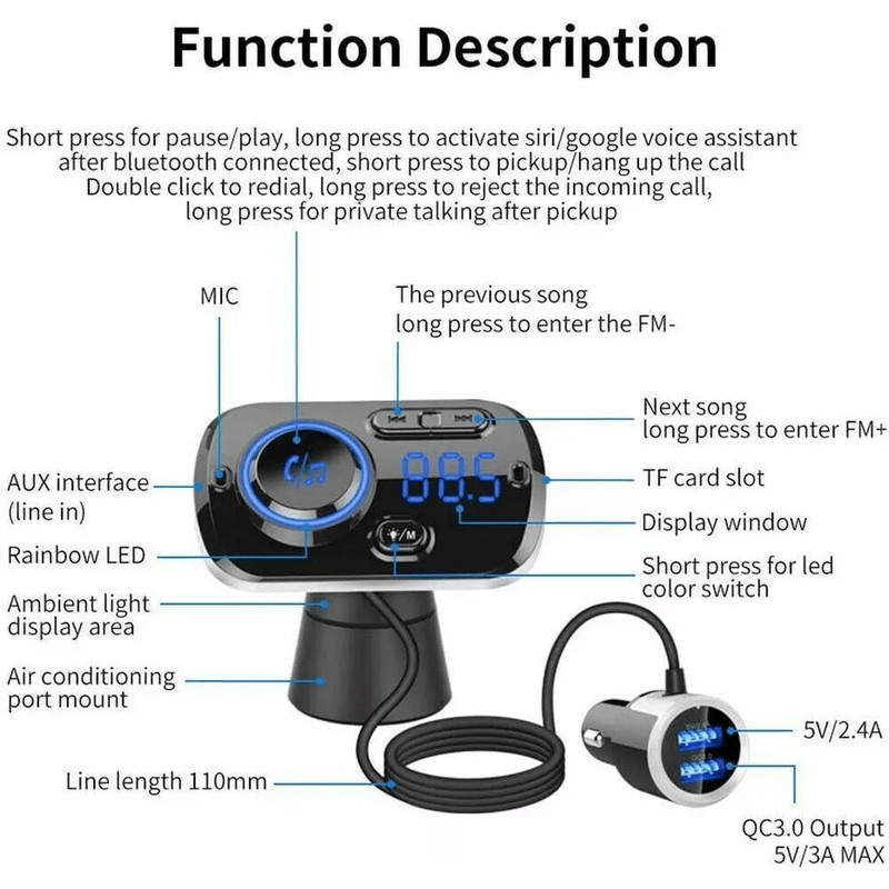 Handsfree Bluetooth FM Transmitter Wireless Radio Adapter Car Kit MP3 Player USB Charger With Clear