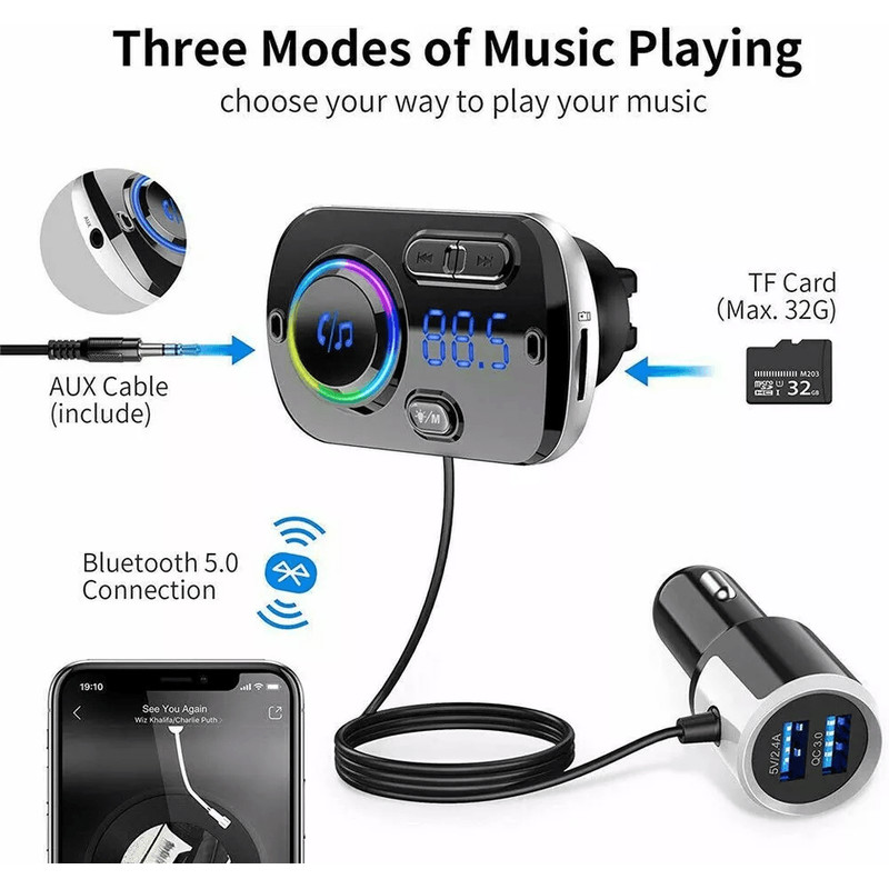 Handsfree Bluetooth FM Transmitter Wireless Radio Adapter Car Kit MP3 Player USB Charger With Clear