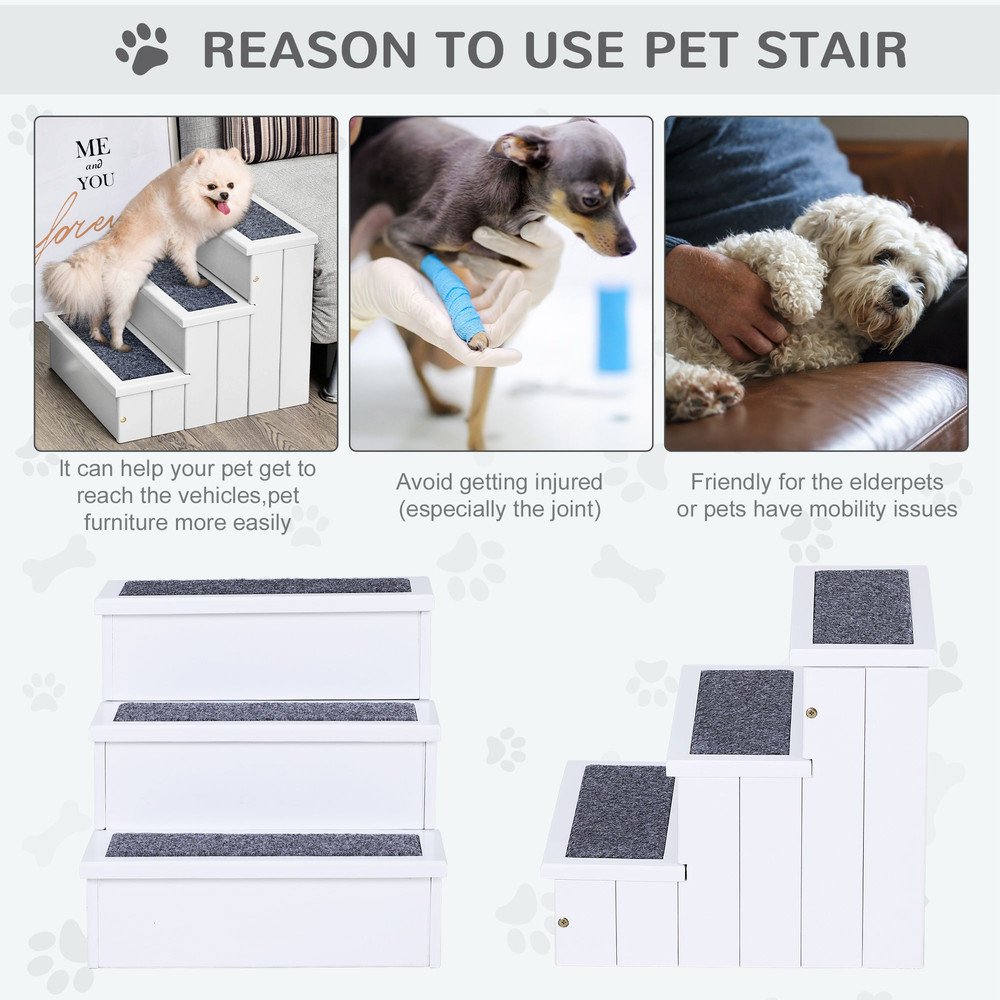 3Step Wood Pet Stairs With NonSlip Carpet Safe Ramp For Cats Small Dogs 3